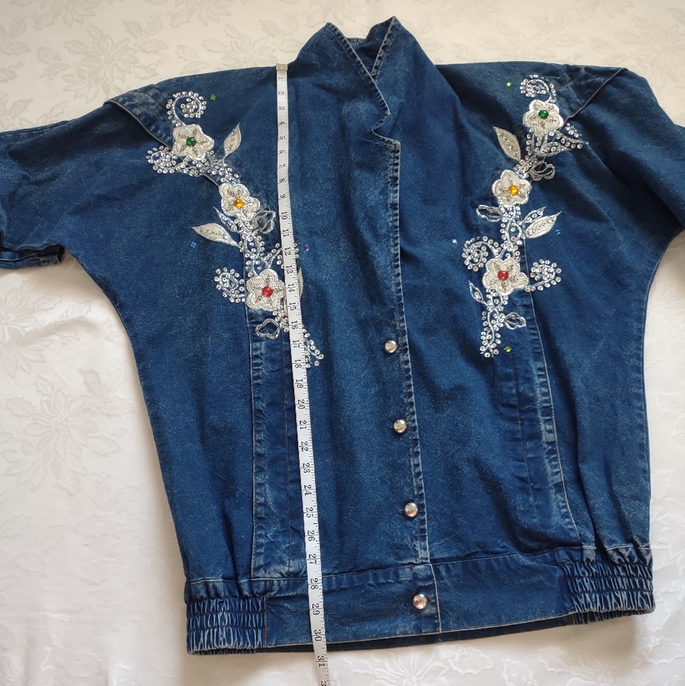 Oversize denim jeans floral sequins beads acid wash jacket - Picture 3 of 9